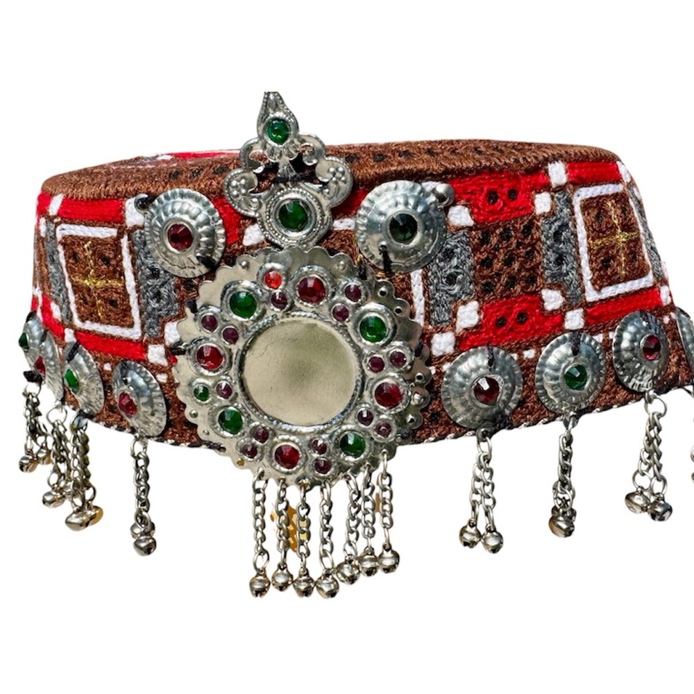 Traditional Embellished Afghan Cap,  Head Jewelry For Women/Girls 7” Diameter.